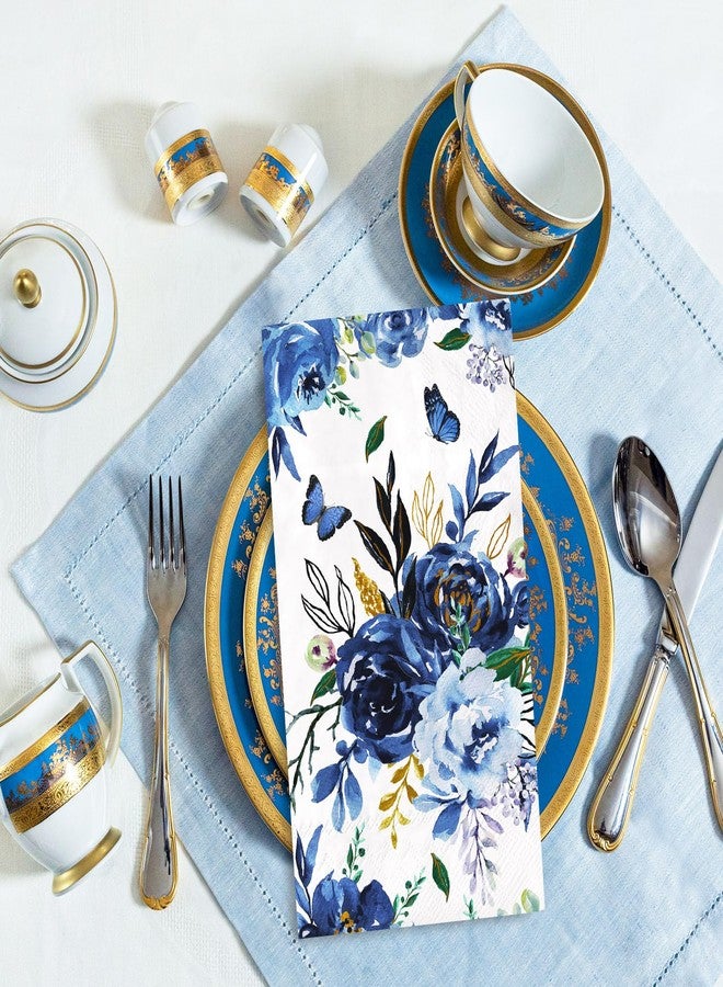 Whaline 80 Sheet Navy Blue Floral Guest Napkins Blue White Flower Disposable Napkins Watercolor Spring Peony Decorative Hand Paper Towel Napkins for Bathroom Wedding Holiday Birthday Party Supplies - Image 3